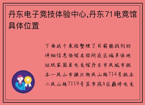 丹东电子竞技体验中心,丹东71电竞馆具体位置